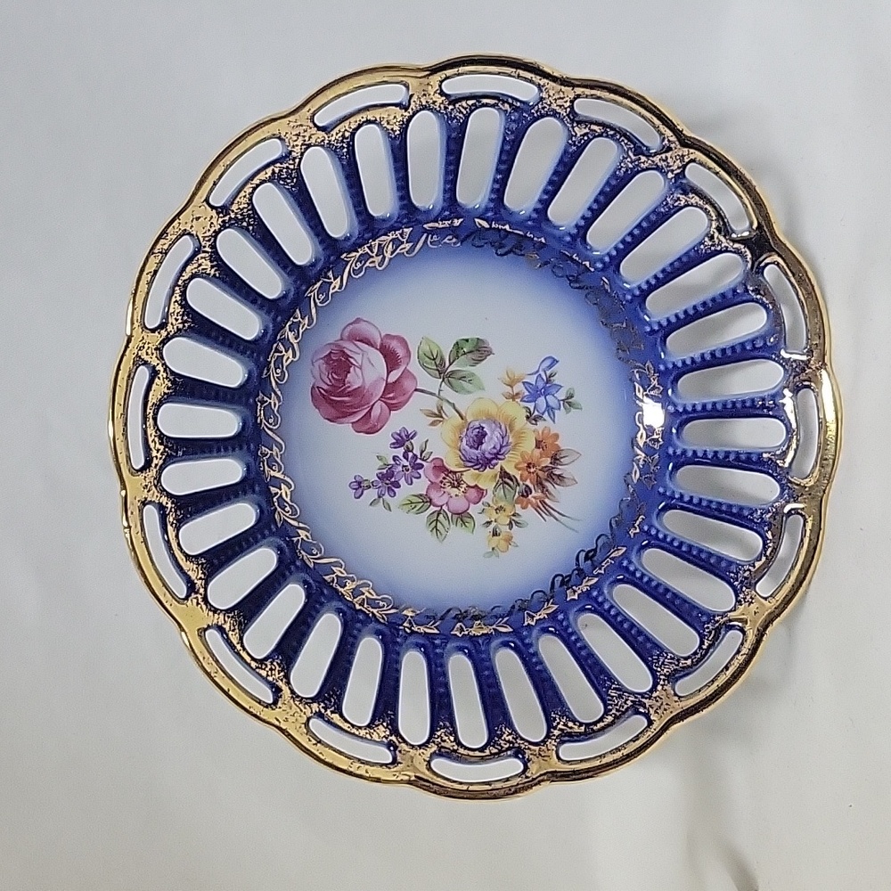 Vintage Cobalt Germany Gold Scalloped Lace Candy Dish